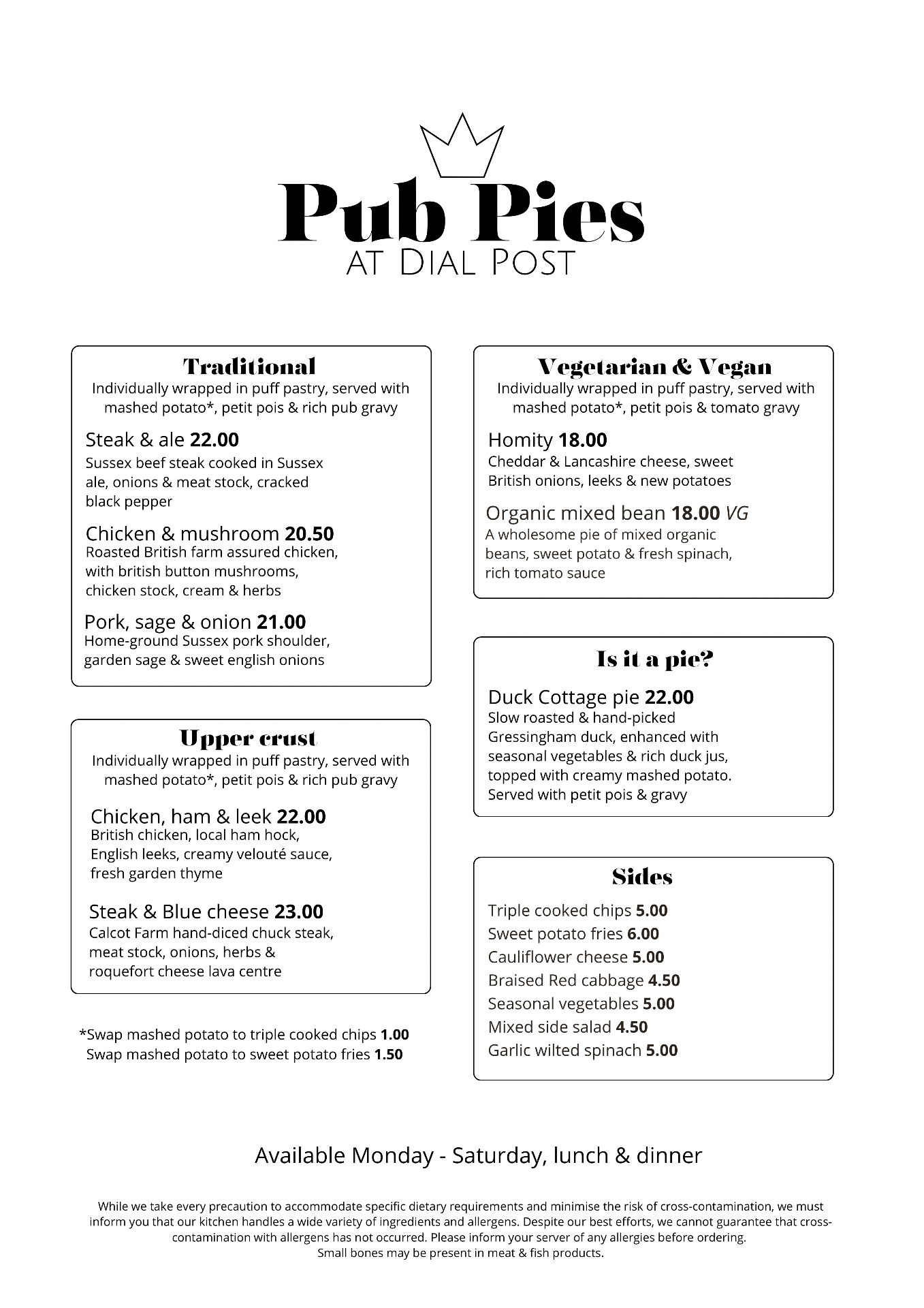 The Crown Inn Pub Pies menu — Traditional, Upper crust, Vegetarian & Vegan, Is it a pie?, and Sides, with prices.